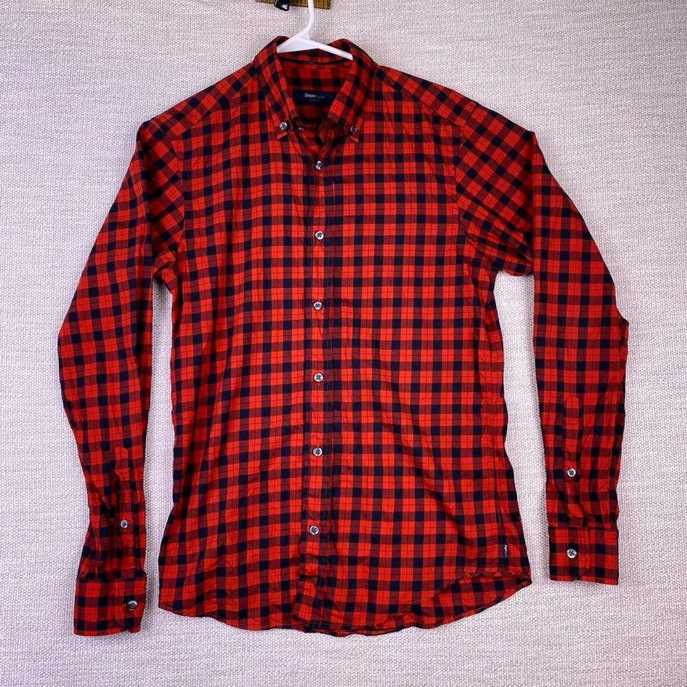 Zegna Sport Shirt S Mens L/S Button Down Slim Fit Red Buffalo Plaid VGUC - Picture 2 of 5